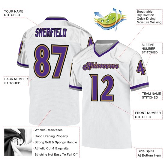 Custom White Purple-Old Gold Mesh Authentic Throwback Football Jersey Custom White Purple-Old Gold Mesh Authentic Throwback Football Jersey